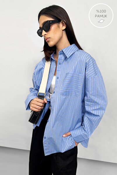 NİLİST Pure Cotton Stand Collar Striped Shirt Blue