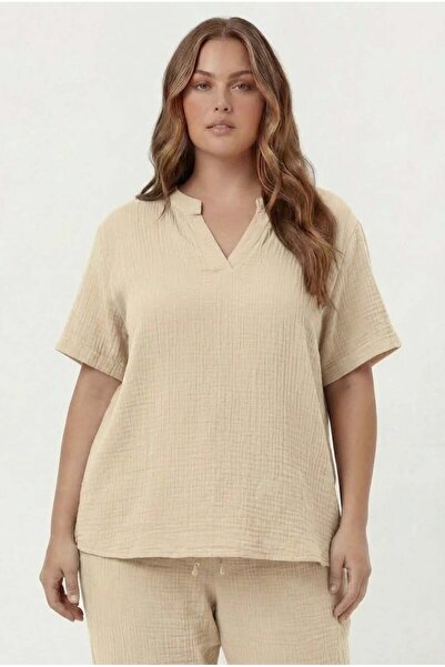 RMG Κρέμα μπλούζας από ύφασμα μουσελίνας μεγάλου μεγέθους Hakim Yaka