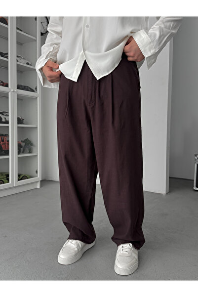 BYBASICMAN Καφέ Παντελόνι με Κομμένα Τελειώματα, Λινή Υφή και Φαρδιά Γραμμή S...