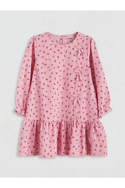 LC Waikiki Pink Crew Neck Floral Bowknot Girls' Dress