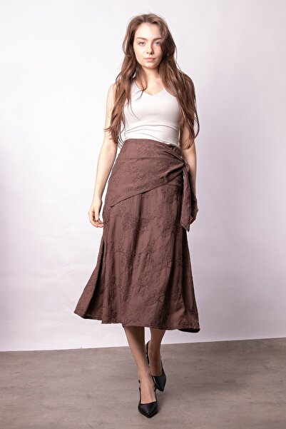 Jument Γυναικεία Κεντημένη Ψηλόμεση Φούστα με Δέσιμο, Μίντι Φούστα Μέχρι το Γ...