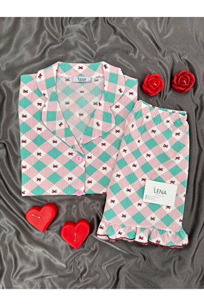 Lena Homewears Дамски пижамен комплект с къси панталони, панделка, каре и наб...