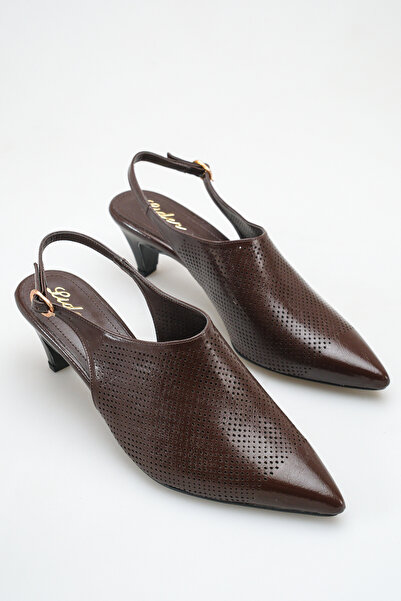 LDR Pantofi de damă din piele lacuită maro, perforați, cu toc scurt, cu vârf ...