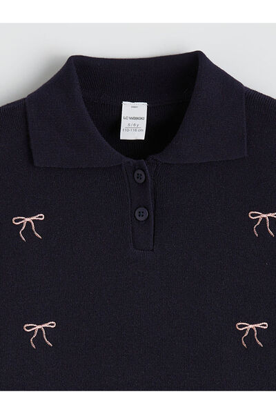 LC Waikiki Polo Collar Ribbon Embroidered Girls' Knit Sweater