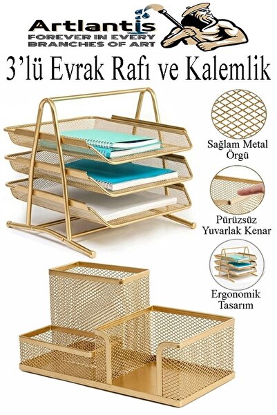 Artlantis Χρυσό κίτρινο μεταλλικό ράφι για έγγραφα 3 τεμαχίων και θήκη για στ...