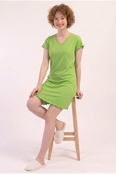 cotonhause Cămașă de noapte verde din bumbac, cu mânecă scurtă, cu decolteu î...