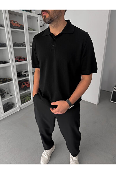 BYBASICMAN Tricou negru cu nasturi, tricotat, cu guler polo TW-3349