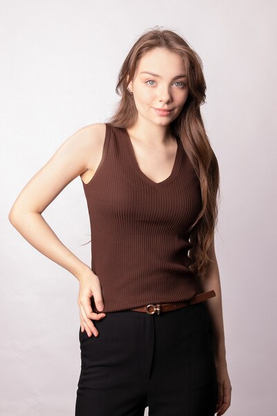 Jument Women's Lycra Stretchy Knitwear V-Neck Camisole Body Blouse-Brown