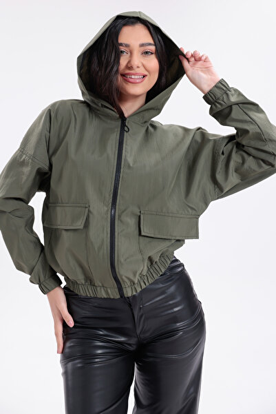 freemen Women's Khaki Water-Resistant Crinkle Fabric Hooded Raincoat - Windbr...