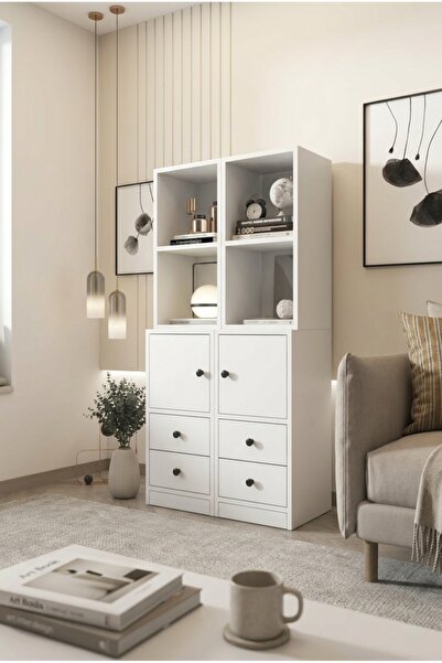 FOR WOMAN DESİGN Ahşap Kapaklı Çekmeceli Kitaplık Modern Çok Amaçlı Düzen Üni...