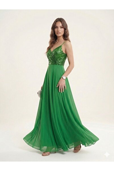 DORİDORCA Önü Yırtmaçlı Pul Payetli Elbise 5045