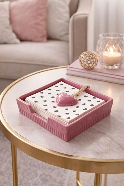 NEWNOW Ροζ Κεραμική θήκη για χαρτοπετσέτες με διακοσμητική λεπτομέρεια καρδιάς
