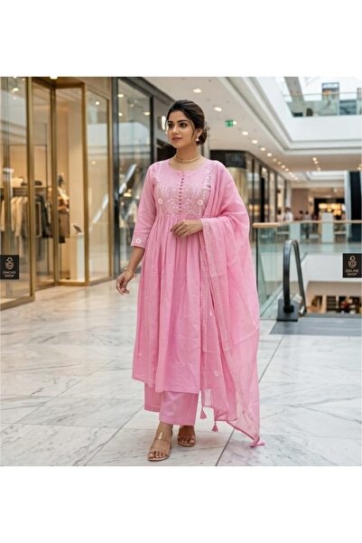 Genaric Women Pink 100% Cotton Anarkali Kurta Set with Dupatta | Summer Colle...