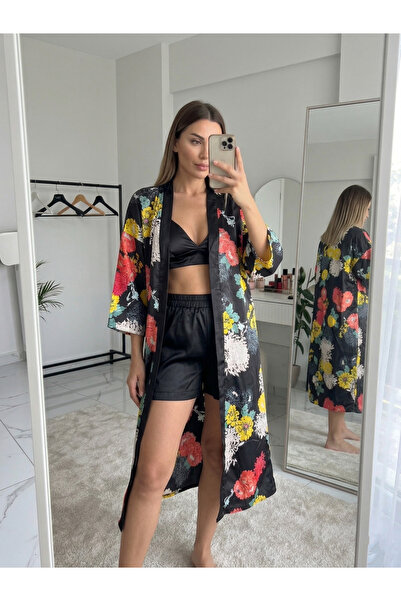 TLG GİYİM Set kimono din satin căptușit cu pantaloni scurți și top pentru femei