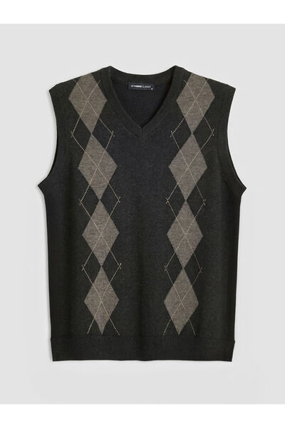 LC Waikiki Anthracite V-Neck Diamond Patterned Men's Knit Sweater