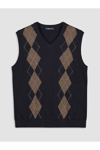 LC Waikiki Navy Blue V-Neck Diamond Patterned Men's Knit Sweater