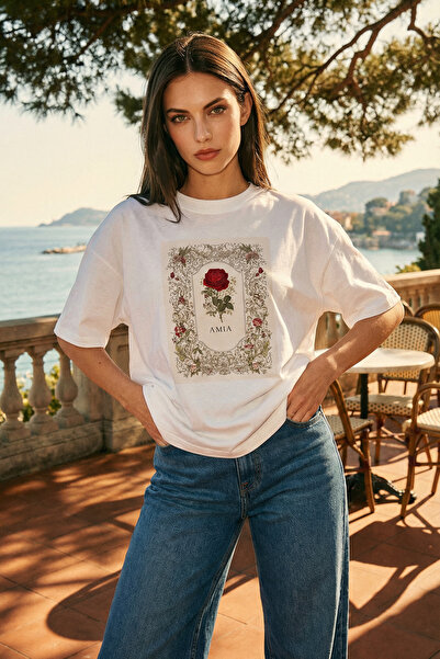 Amia&Co. Ecru Oversize Crew Neck Vintage Rose Printed Basic κοντομάνικο γυναι...