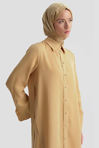 Armine Kalın Manşetli Tencel Tunik Camel