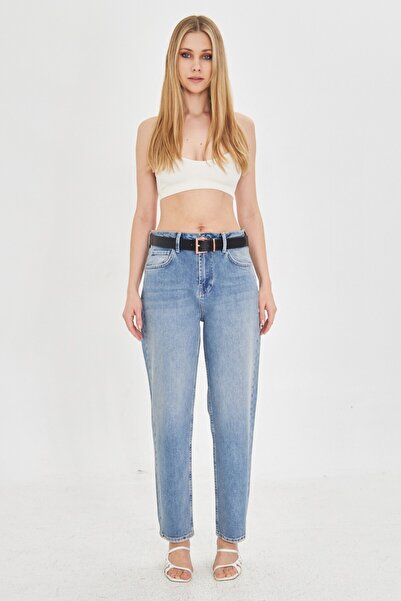 cracpot Women's Lycra Mom Jean Pants – Blue+Tint Washed Laser Detailed High W...