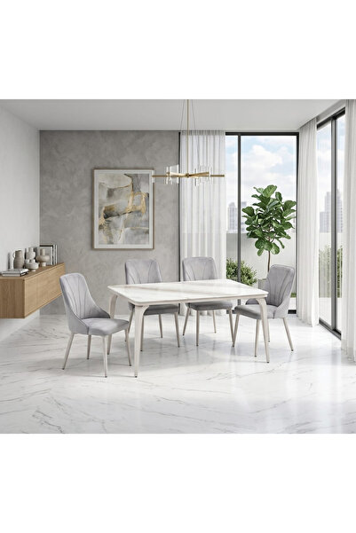 TrentonGCC طاولة طعام رخامية مع 4 كراسي جلدية باللون الرمادي