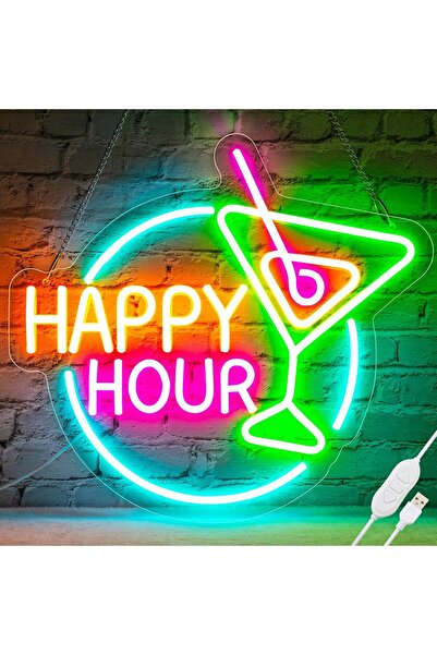 Slasa Happy Hour Neon Sign LED Light with 6mm Acrylic Base, 35x35cm Bar Decor