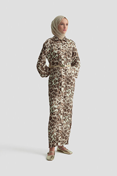 Armine Leopar Desenli Elbise Camel