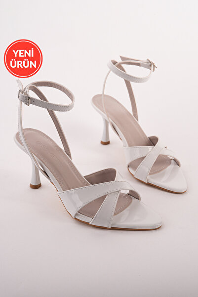 MARSHETTA Elzara Model White Patent Leather 7 cm Thin Heeled Ankle Buckle Wom...