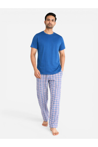 Victor and Jane Deep Blue Checkered Short Sleeve Jersey Pyjamas Set (100% Cot...