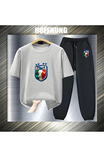 HOFFNUNG Unisex Casual Short Sleeve Set with Italian Logo Print Outdoor Sprin...