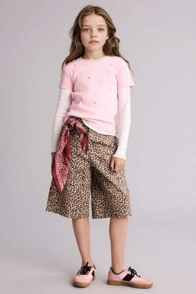DeFacto Leopar Desenli Gabardin Şort Kız Çocuk H6053A826SM