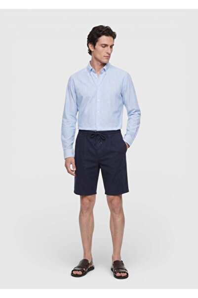 Ramsey Bermude casual din amestec de in, țesute simplu, albastru marin, potri...