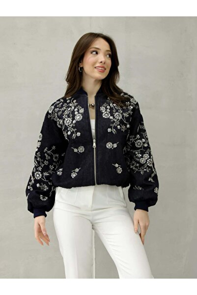 Coral Sequin Embroidered Gabardine Coat 99947 Navy Blue