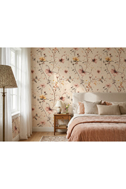 Tasarım Kelebek ve Çiçek Desenli Duvar Kağıdı – Romantik Pastel Doğa Tasarımı