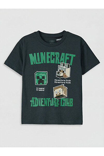 LC Waikiki Antrasit Bisiklet Yaka Minecraft Baskılı Erkek Çocuk Tişört
