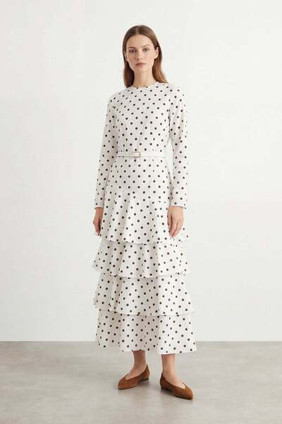 Loreen Women's Polka Dot Detailed Layered Dress -20769Elb - Ecru-Brown