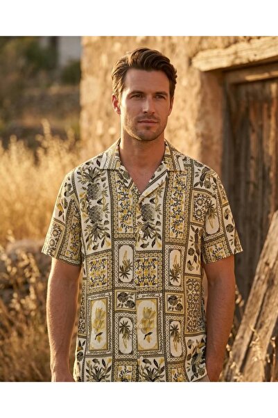 CANMODA Men's Mustard Tropical Patterned Cuban Collar Short Sleeve Oversize S...