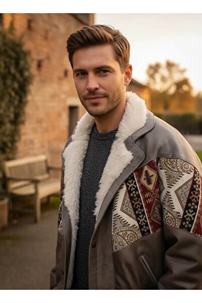 CANMODA (7902) Recien Unisex Fur Collar Vintage Aztec Jacket Oversize 90S Coa...