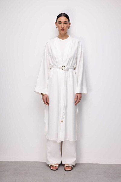 Mizalle Viskoz Kemerli Beyaz Kimono