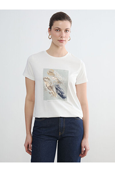 LC Waikiki Γυναικείο μπλουζάκι LCW EVERYDAY σε εκρού χρώμα με στάμπα και λαιμ...