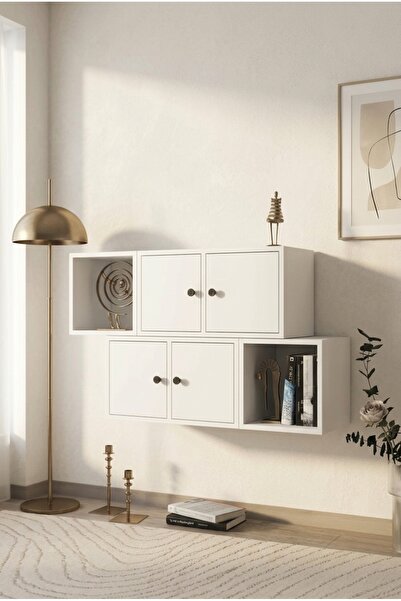 FOR WOMAN DESİGN Ahşap Duvar Raflı Dolap 4 Kapaklı Modern Minimal Depolama Çö...