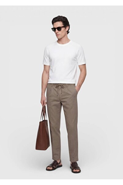 Ramsey Khaki Plain Woven Jogging Fit Casual Linen Blend Trousers