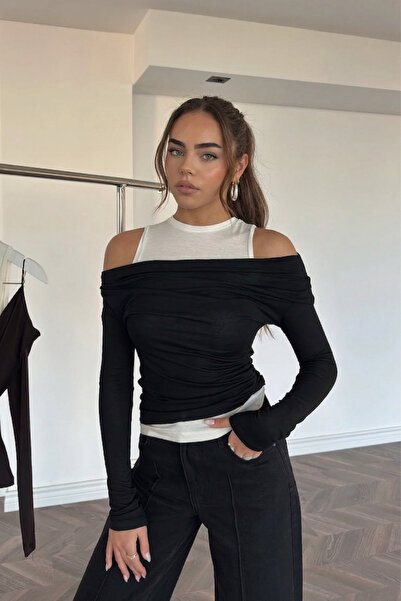 SHILSEE BEUTİQUE Women's Strappy Double Layer Asymmetric Blouse Black