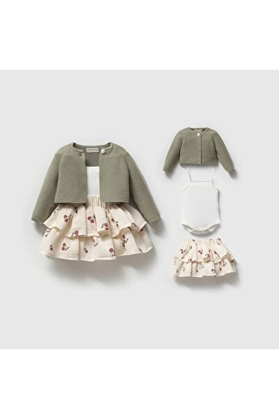 Nipperland Kız Bebek 3’lü Takım Müslin Kiraz Desenli Etek, Pamuk Body & Triko...