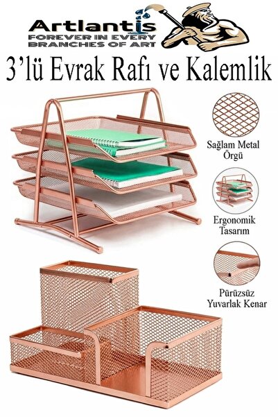 Artlantis Bakır Yaldız Metal Evrak Rafı 3 lü ve Masaüstü Kalemlik 1 Paket Mas...