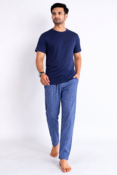 Victor and Jane Navy Blue Checkered Short Sleeve Jersey Pyjamas Set (100% Cot...