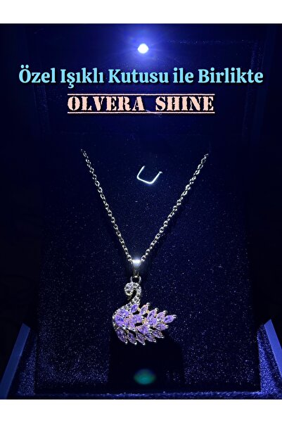 olvera shine Işıklı Kutulu Pembe Kuğulu Swan Kolye /Gold