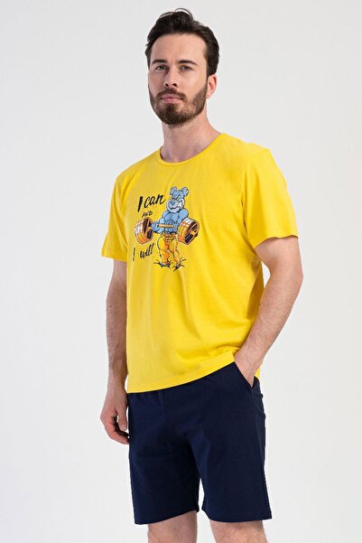 VİENETTA Erkek Kısa Kol Şortlu Baskılı %100 Pamuk Sarı Pijama Takımı C6T8N0104