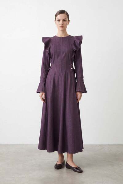 Loreen Women's Long Denim Dress with Ruffle Detail on the Shoulder -20766Elb ...