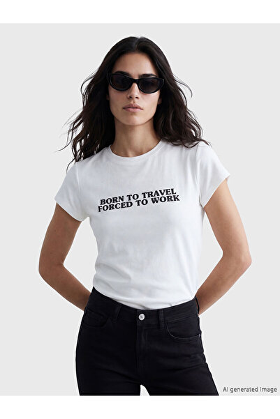 LC Waikiki Tricou de damă cu imprimeu LCW VisionEcru, cu decolteu tip crew