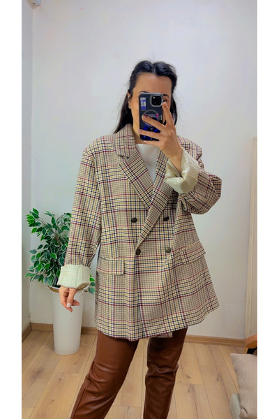 Pick Up Ekoseli Kruvaze Blazer Ceket